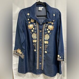 Parsley & Sage Navy Blue Top Tan Embroidery Size L - 29” Length